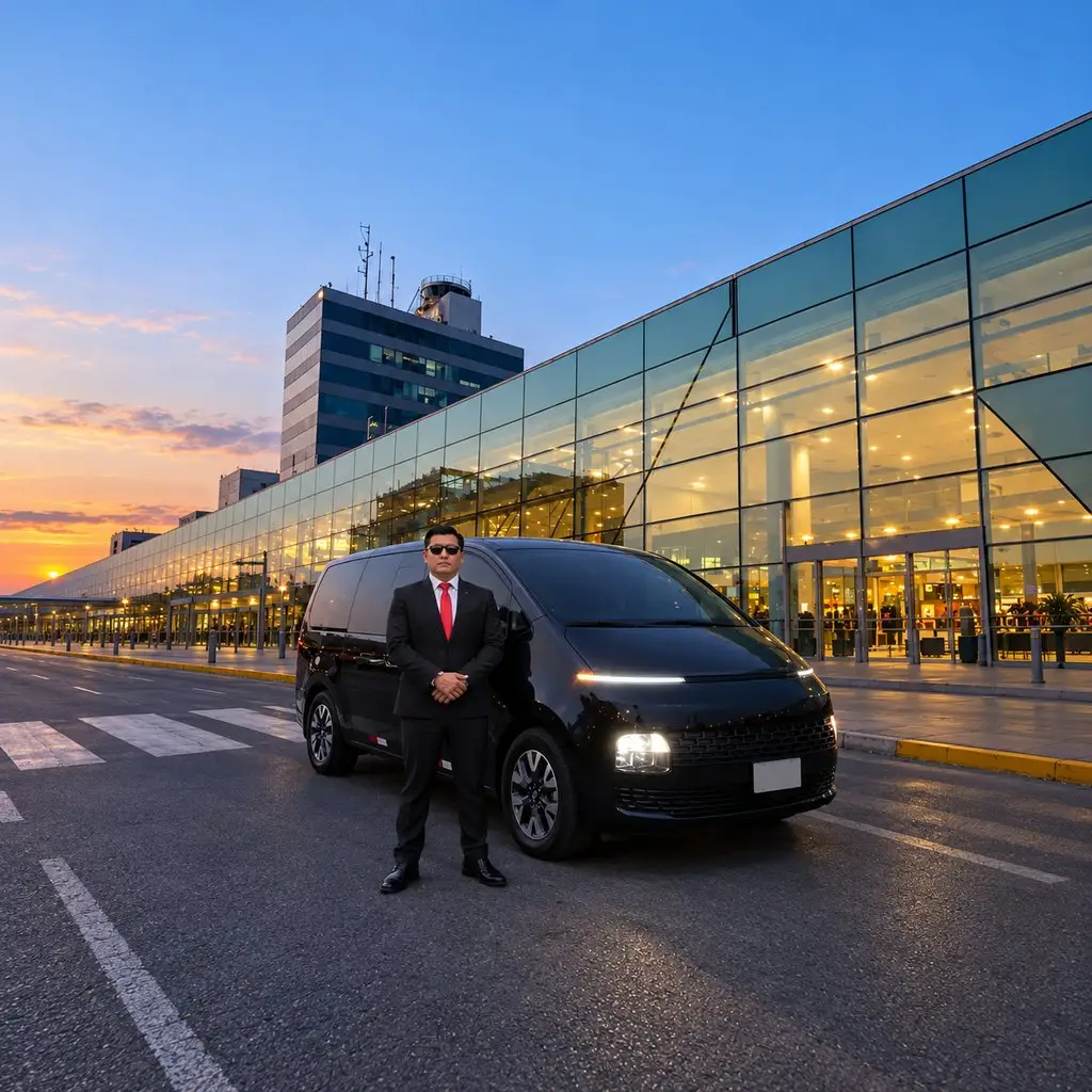 Van negra con su conductor frente al Aeropuerto Jorge Chávez al atardecer